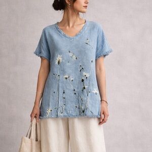 Lagenlook Art Botanical Floral print Cotton Dolman Tunic Quiet Luxury size L